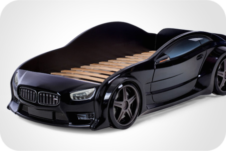 Кровать машина объемная (3d) EVO "БМВ" (Чёрный, Без подъемного механизма, Без подсветки фар, Без подсветки дна, Литые колеса)