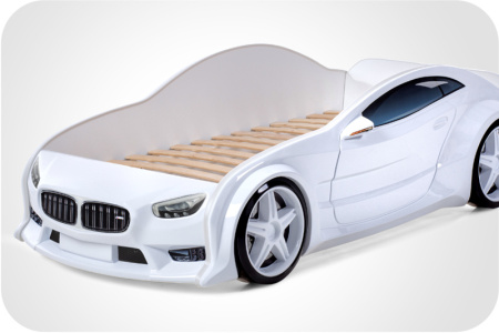 Кровать машина объемная (3d) EVO "БМВ" (Белый, Без подъемного механизма, Без подсветки фар, Без подсветки дна, Литые колеса)